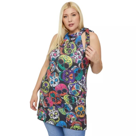 Plus Size Sugar Skull Sublimation Tunic, Halterneck with Tie & Racerback, Multi - Picture 1 of 6